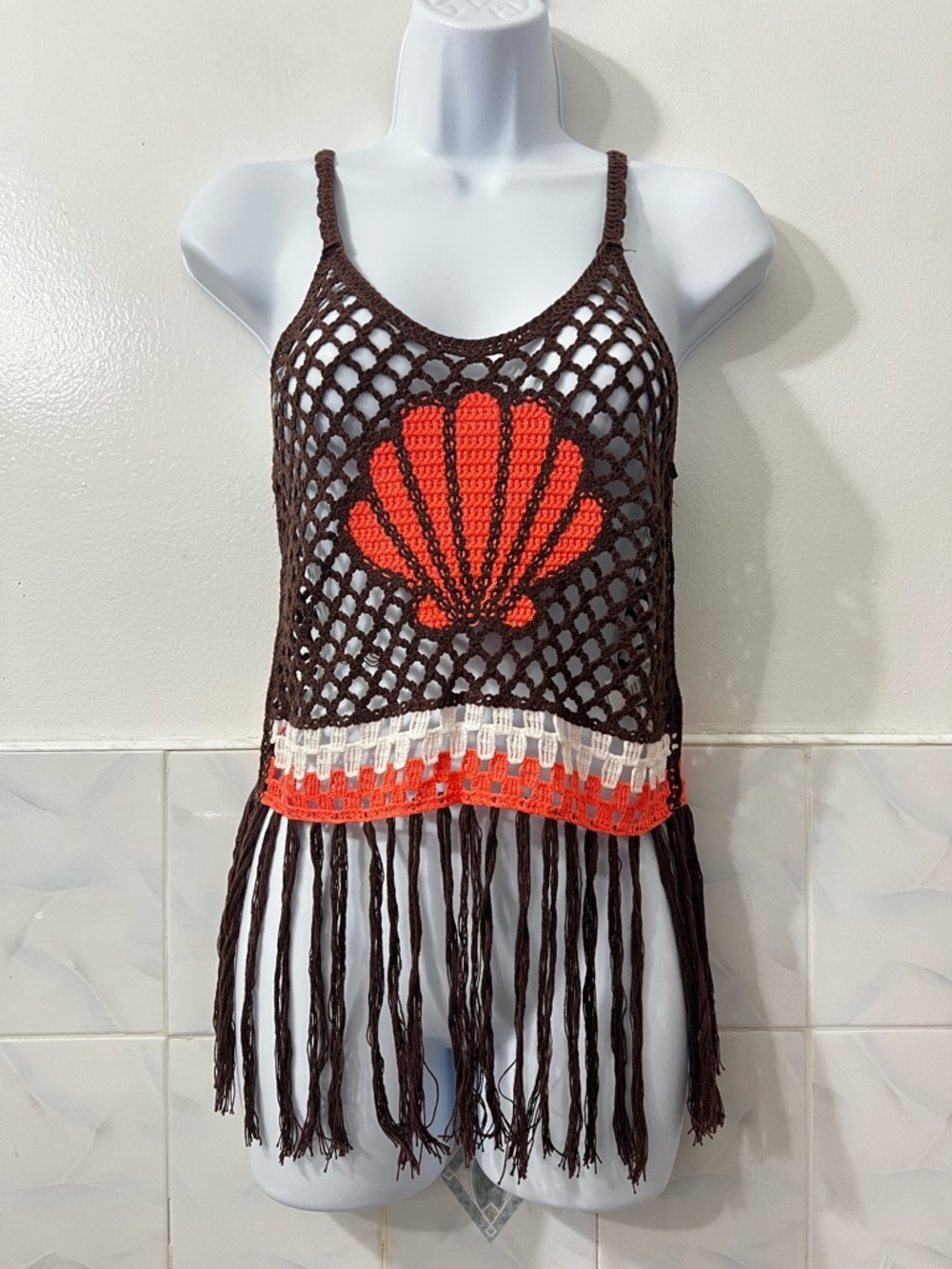 Womens Crochet Fishnet Fringe Tank Swim Cover Up S Festival Boho Coastal Mermaid